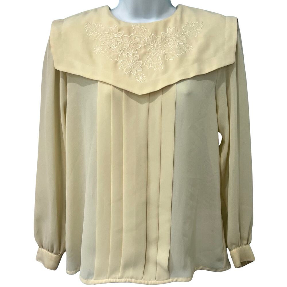 Vintage 80s Yellow Floral Embroidered Cape Collar Back Button Blouse size 10 / M